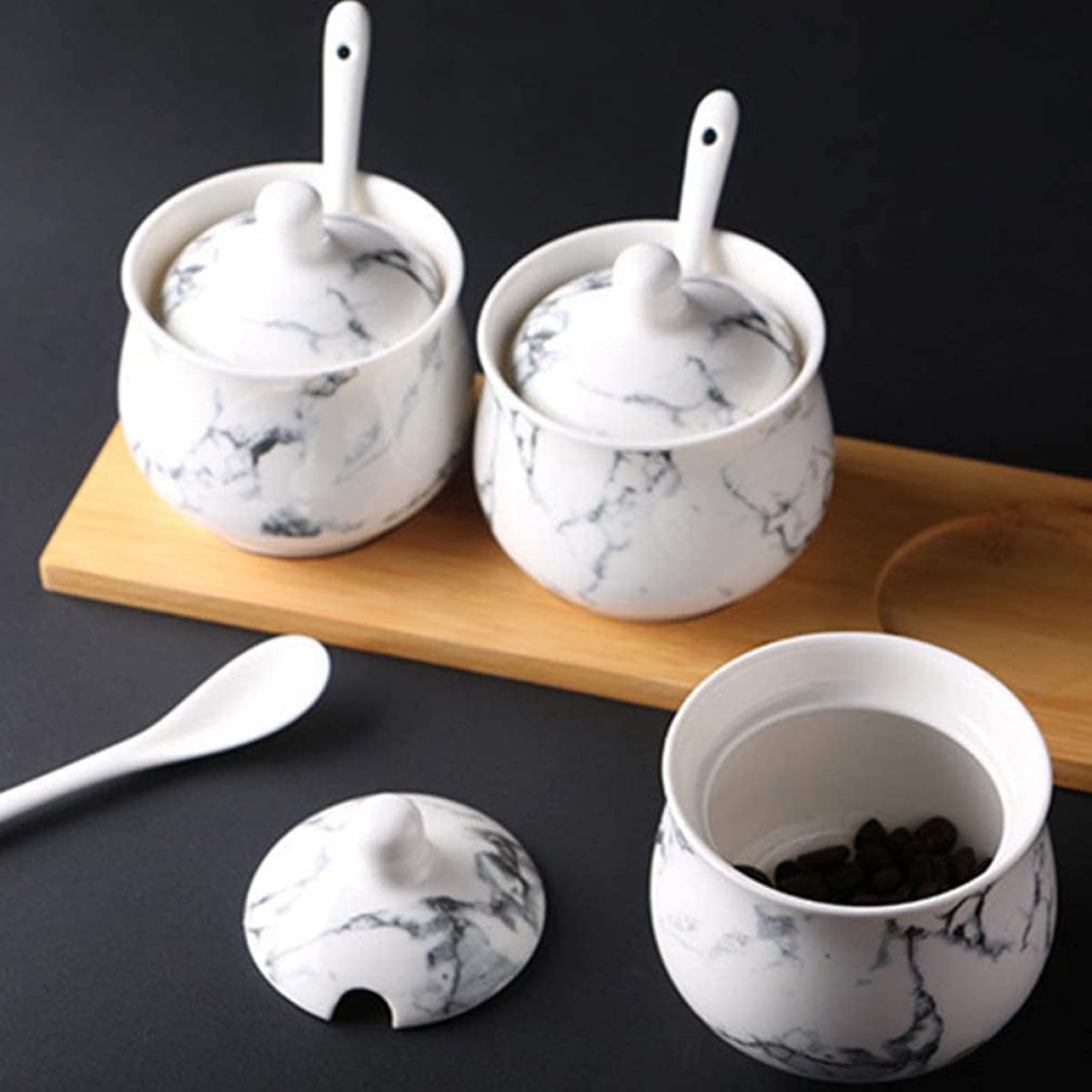 Set barattoli per spezie in Ceramica con Coperchio Cucchiai Sottobicchieri Marmorizzazione Zuccheriera Barattoli per la conservazione Contenitori per spezie Barattolo in