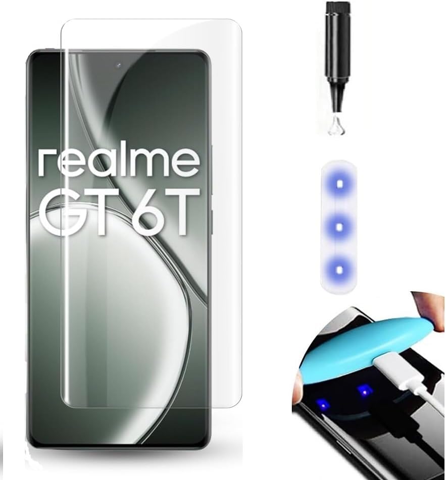NISHTECH Advanced HD+ Curved UV Tempered Glass Full Screen Protector Designed for Realme GT 6T 5G || Full Screen Coverage with Easy Installation Kit (Anti-Scratch)