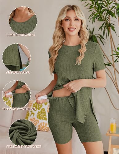 Ekouaer Maternity Sets 2 Piece Outfits Ribbed Knit Short Sleeve Shirts and Biker Shorts Pregnancy Loungewear Mama Clothes2