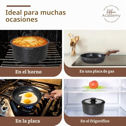 Miniatura 7 de Kitchen Academy Juego De Ollas De 8 Piezas, Con Tapa De Cristal, Revestimiento De Mármol, Antiadherente, Apta Para Inducción, Mango De Cristal De Grano, Color Negro