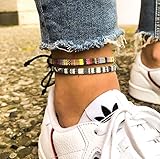  Surfer Fußband 2er Set - 2x Dünnes Boho Ethno Fußkettchen - Made by Nami Strand Festival Accessoires - Handmade Azteken-Band Damen-Schmuck Herren-Schmuck - 100% Wasserfest verstellbar (Weiß Gelb)