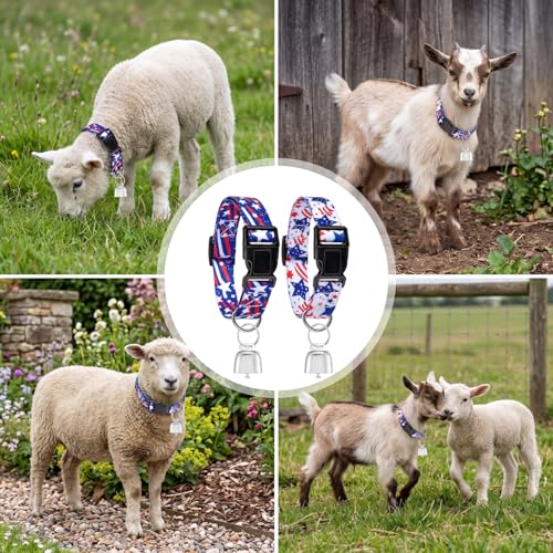 Image of 2 Pack Patriotic Goat Collars with Bells, Red White Blue Adjustable Nylon Sheep Collar 13.7-20.5 in, Loud Copper Bell Grazing Collar for Goats Lambs Sheep Calves Accessories