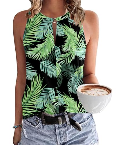 WNEEDU Damen Tank Top Sommer Ärmellose Oberteile Tops V-Ausschnitt Sexy Tanktops Lässiges Strand Shirts Blusentop Blätter Schwarz Grün XS