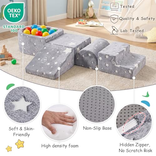 Image of Tiita Baby Climbing Blocks 5-Piece with Small Ball Pit | Foam Climbing Blocks for Toddlers, Glow-in-the-Dark Soft Play Climber with Washable Cover, Grey Star