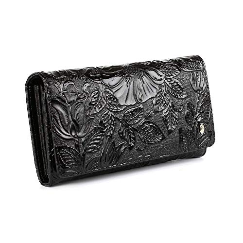 Portefeuille en cuir Anthoni Crown noir, le cadeau élégant avec motif floral