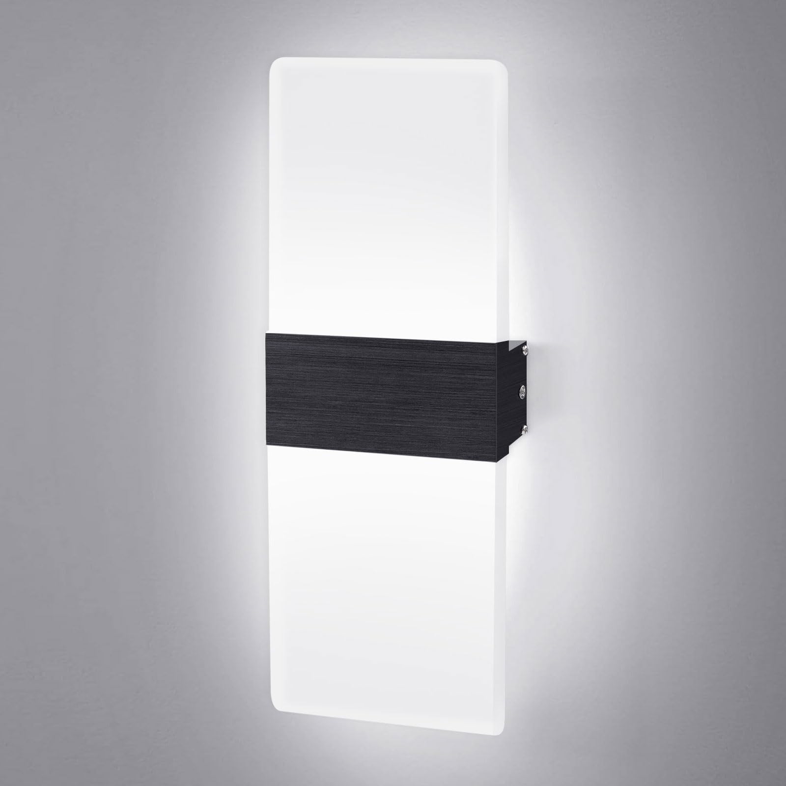 Applique Murale Intérieure LED 12W Blanc Froid Luminaire Mural Salon | JaneYi 6500K Noir Lampe Murale Interieur Moderne en Acrylique Métal Éclairage Haut et Bas pour Couloir Escalier Chambre