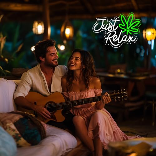 Image of Just Relax Neon Sign LED Wall Decor, Green Leaf Aesthetic Light for Bedroom, Bar, Lounge, Man Cave and Game Room, USB Powered Dimmable Neon Lamp for Chill Room Decor