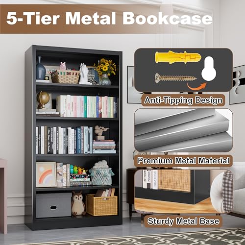 Image of 55 inch Tall Black Bookcase, 5 Tier Metal Bookshelf with Adjustable Shelves, Modern Deep Bookcase for Living Room, Home Office, Library