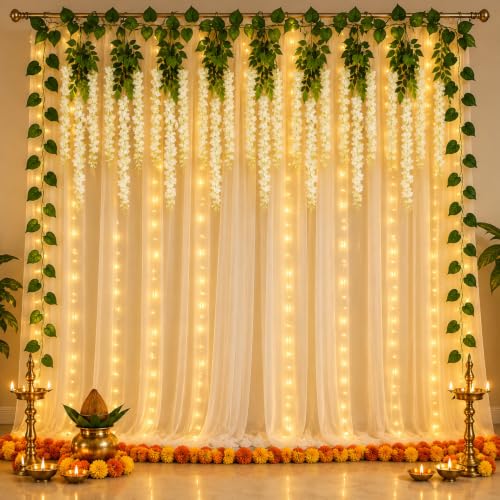 Image of Shimmers Wedding Decoration Kit Set of 14 - White Net Curtains 8x4 Ft, Artificial Wisteria Flowers & Money Plant Strips with Ribbon & Hooks for Mehndi, Ganpati Decoration Backdrop Decor