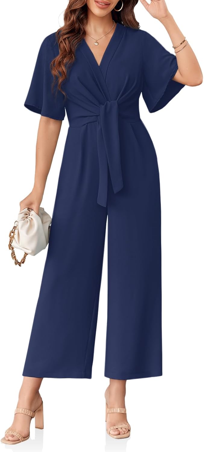 Cicy Bell Women's Elegant V Neck Jumpsuits Dressy Casual Short Sleeve Wide Leg Long Pants Rompers - Image 2