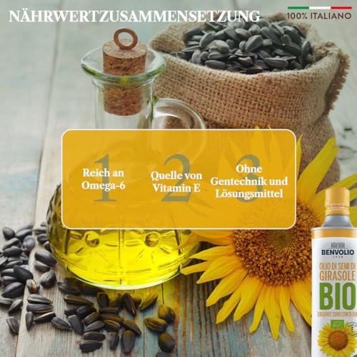 Sonnenblumenöl BIO - BENVOLIO 1938 750ml Metallflasche - Reich an VITAMIN E | Frittieröl BIO Bratöl Fritierfett öl Frittierfett Friteusenfett ORGANIC SUNFLOWER OIL
