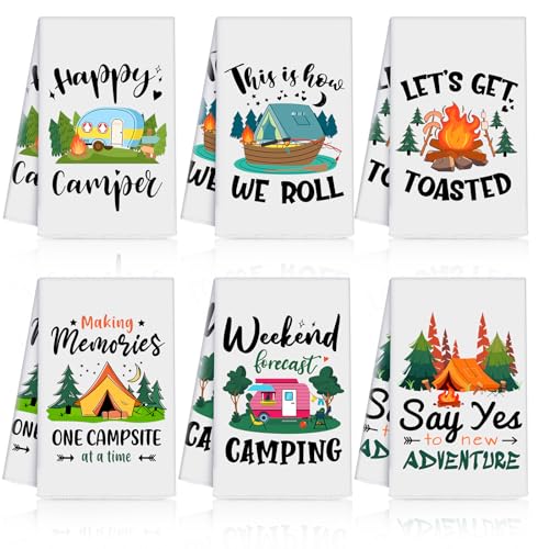 Zubebe Set of 6 Camping Kitchen Towels White Bonfire Tent Car Dishcloth Tea Towels 28 x 18 Inches with Funny Sayings Hand Dish Towel Farmhouse Novelty Gift for Rv Campers