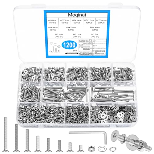 Moqinai 1200 Stück M3 Schrauben Set Edelstahl Senkkopfschrauben Muttern Sets Edelstahl Sechskantschrauben und Muttern Sets Metrisch Innensechskantschrauben Set und Unterlegscheiben Kit