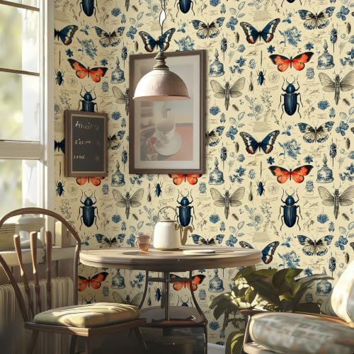 Vintage Insect Plant Specimen Peel and Stick Wallpaper Self Adhesive 17.72" x 118.1'' Blue Beetle Butterfly & Chinese Floral Sketch Wall Paper Renter Friendly Removable Waterproof for Study Bedroom by Stickorama - Used condition - Image 2
