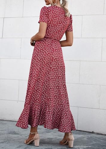 Image of PRETTYGARDEN Women's Summer Wrap Maxi Dress Casual Boho Floral V Neck Short Sleeve Ruffle Hem Split Beach Long Dresses