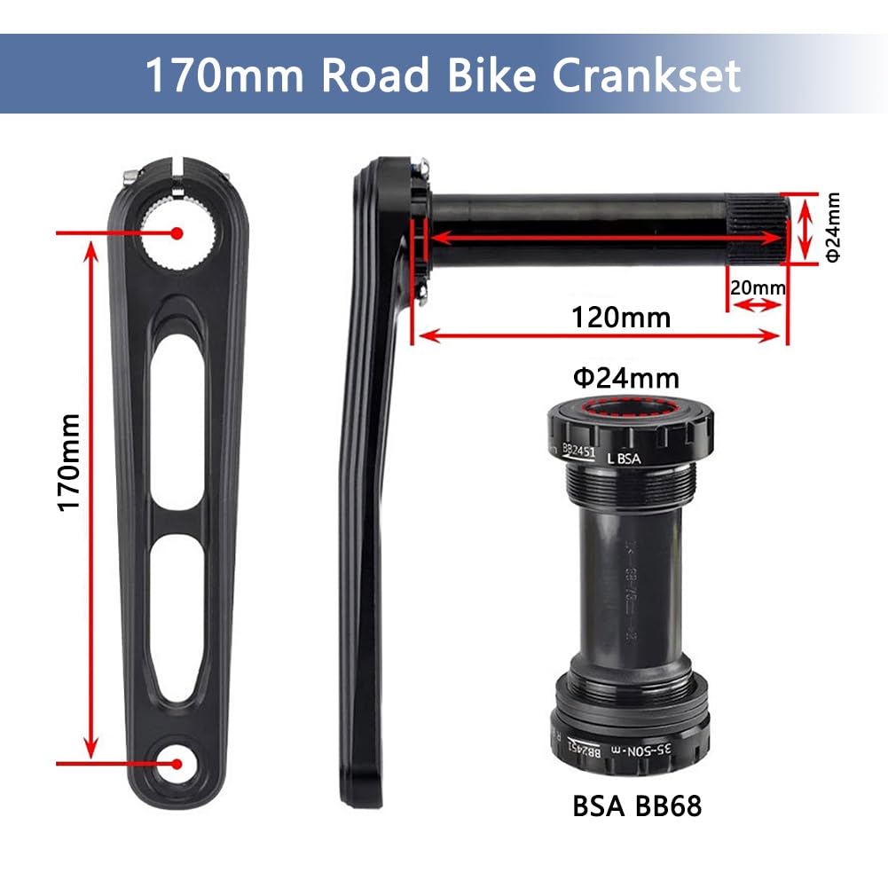 Guarnitura da 170 mm per bici da strada, guarnitura scheletrica integrata cava con movimento centrale BSA BB da 68 mm per BMX pieghevole, compatibile con 7/8/9/10/11/12 velocità, lega di alluminio.