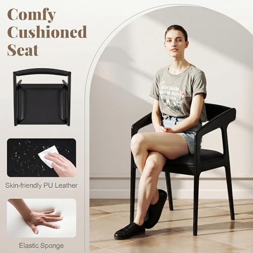 Image of COSTWAY Dining Chairs with Arms Set of 2, Mid Century Modern Wooden Accent Chairs with Faux Leather Seat & Padded Backrest, Kitchen Side Armchairs for Living Dining Reading Room, Black & Black