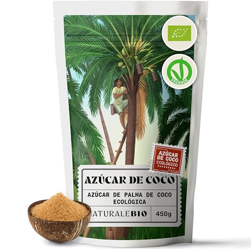 NaturaleBio Azúcar de Coco 450g. Endulzante natural, sin químicos y sin refinar. Alternativa saludable, nutritiva y deliciosa. Bajo índice glucémico. Fuente de inulina para la salud digestiva