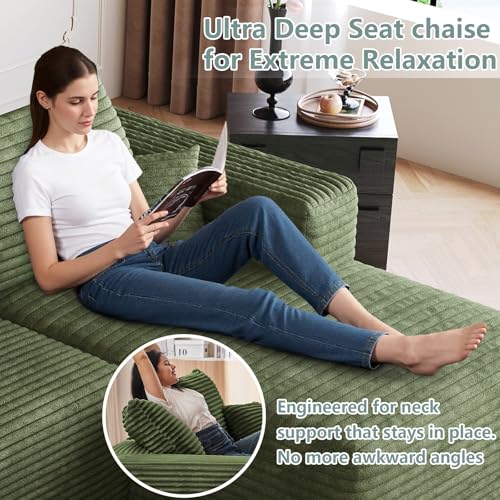 Image of 95 inch Modular Sectional Sofa with Ottoman, Modern Corduroy Cloud Couch with Deep Seat, Boneless Couch Upholstered 3-Seater U-Shaped Sofa for Living Room, No Assembly (Green,Right-Facing Chaise)