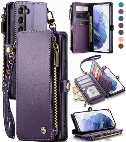 Defencase for Samsung Galaxy S21 Case, RFID Blocking for Galaxy S21 Case Wallet for Women Men with Card Holder, PU Leather Wrist Strap Zipper Pocket Magnetic Flip Phone Case for Samsung S21 5G, Purple