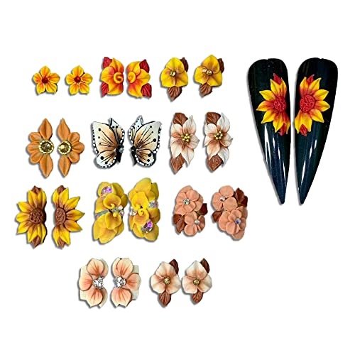 3D Acrylic Autum Flower Nail Art Charms Handmade by Acrylic Powder - 24pcs Flowers Nail Rhinestones Kit 3D Crystal Nail Pearls Design Acrylic Nail Art for Women (Autum)