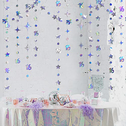 Image of Iridescent Number 16 Circle Dot Twinkle Star Garland Kit Metallic Hanging Streamer Bunting Banner Backdrop Decorations for Girls 16th Birthday Sweet Sixteen Wedding Anniversary Bridal Shower Party