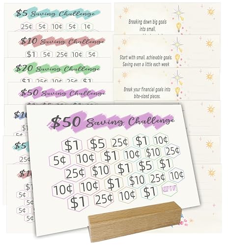 Add Savings Tracking to Any Piggy Bank Style, Piggy Bank Accessory-Money Goal Tracker,Companion for Piggy Bank-Saving Challenge Card, Piggy Bank Saving Sheet, 16 pcs with Wooden Stand-Easy Model