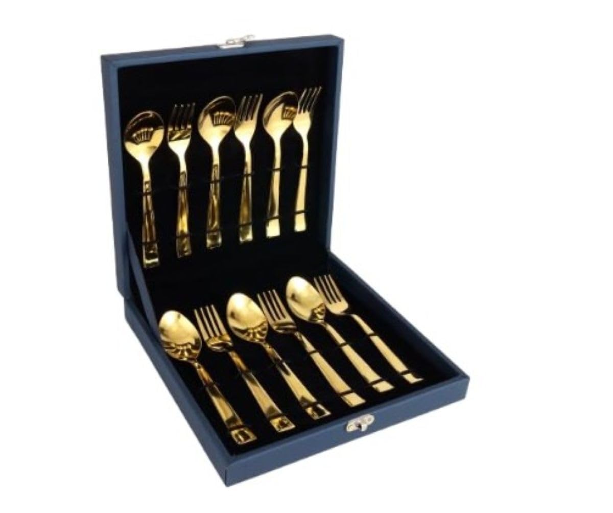 Cubertería de acero inoxidable, 12 piezas, juego de 6 cucharas y 6 tenedores para comedor, hogar, restaurante (dorado, 12 piezas)