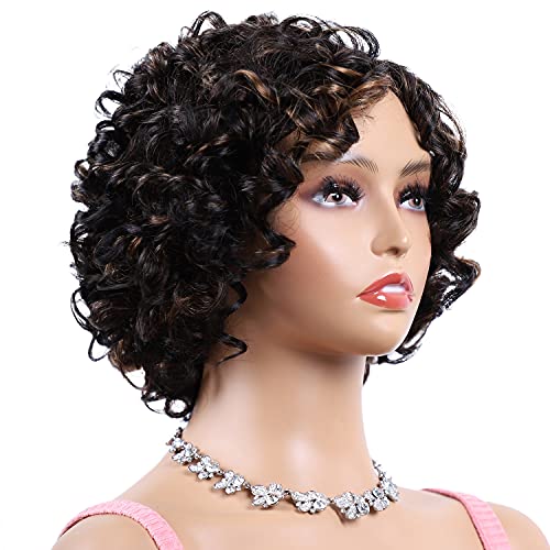KINKYS Curly Human Hair Wigs - Short Bob Layered Wavy Wig Brazilian Virgin Bouncy Human Hair Natural Hairline Glueless Wig Caps