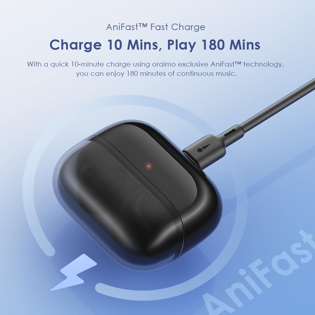 Oraimo Spacebuds Z charging case connected via USB-C cable, demonstrating AniFast™ fast charging.