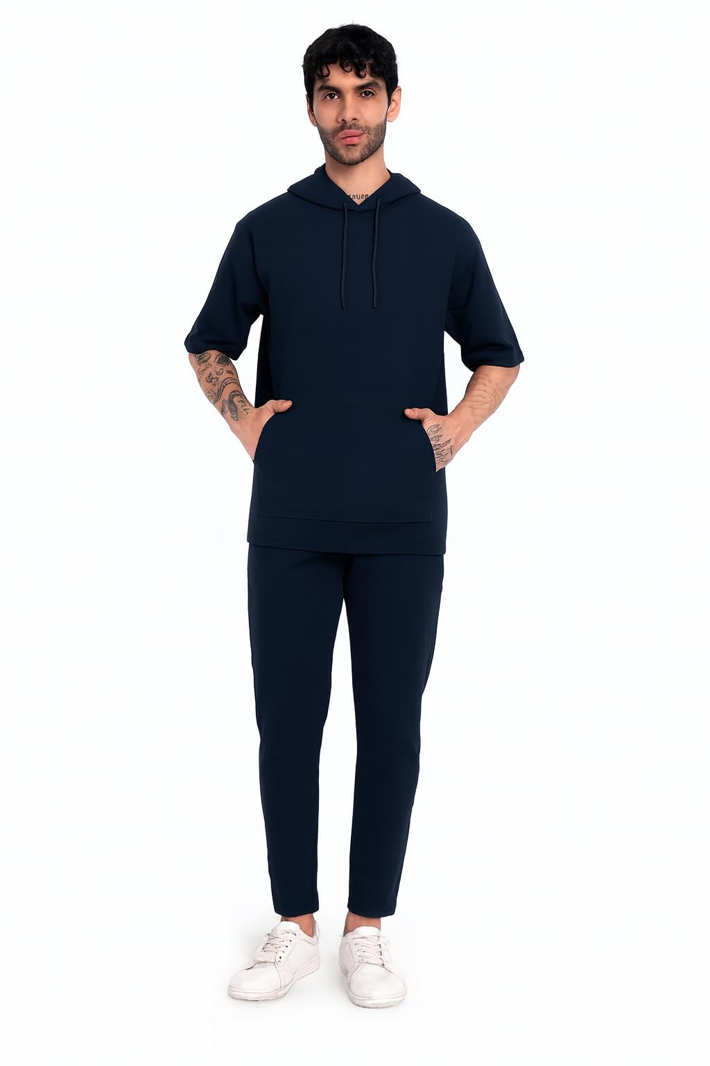 matelco Cotton Tracksuit Coord Set, Oversized Short Sleeve Hoodie T-Shirt with Pajama (IN, Alpha, M, Regular, Navy-Blue)-picture-9