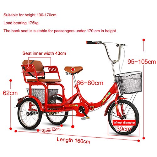 16-Zoll-Dreiräder für Erwachsene mit Rücksitz und Einkaufskorb, 3-Rad-Fahrräder Cruise Trike Dreirad-Fahrräder für Senioren, Frauen, Männer, rot – Bild 3