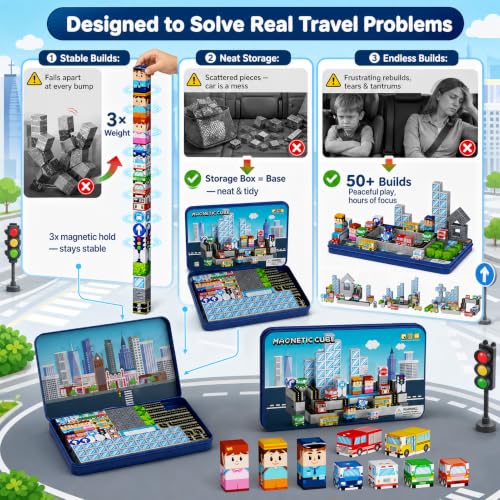Image of Strong Magnetic Travel Blocks:Great for on-the-go Play Ages 3-8 | Ideal Travel Play for Car Backseats & Airplane Tray Tables-City Traffic Magnetic Blocks Set for Kids