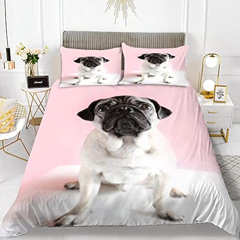 Double Duvet Set Pink Pug Bedding Set With Zipper Closure Fluffy, Duvet Set 200x200 cm Includes 2 Pillowcases 50x75 cm Cover