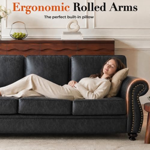 Image of Couchus 88 inch W 3-Seater Sofa Couch, Faux Leather Fabric Sofas, Grey