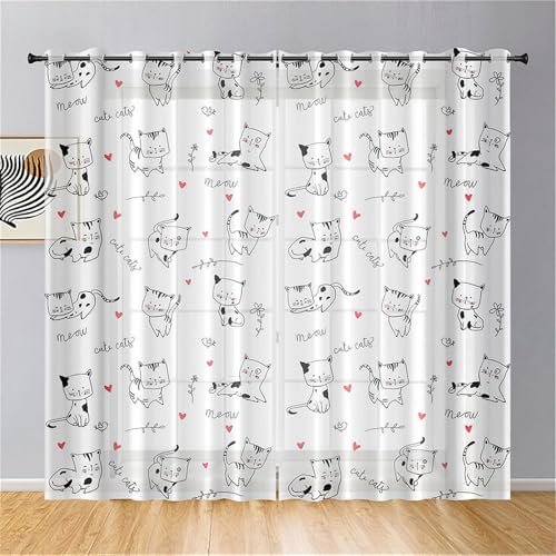 Odot Rideau Voilage Semi Occultant Salon, Motif Chat 3D Rideaux Voilages avec Oeillets 2 Panneaux Rideaux Voile Semi Transparent Rideau Occultant Fenêtre...