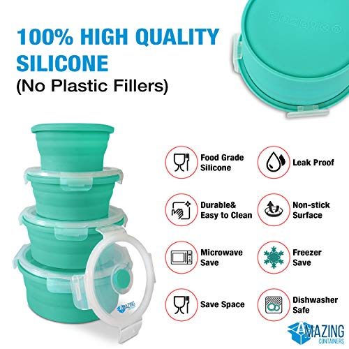 Silicone Collapsible Food Storage Container With Airtight Lid And Air Vent 4 Pack Foldable Meal Prep Round Lunch Box For Kitchen,Stackable, Space Saving,Microwave,Dishwasher And Freezer Safe (Blue) #TOP6