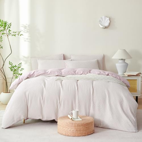 Image of Light Purple Striped Comforter Set Queen - 3 Pieces Bedding Comforter Set for All Season, Soft Lightweight Washed Microfiber, 1 Striped Comforter and 2 Pillowcases (Light Purple, Queen Size)