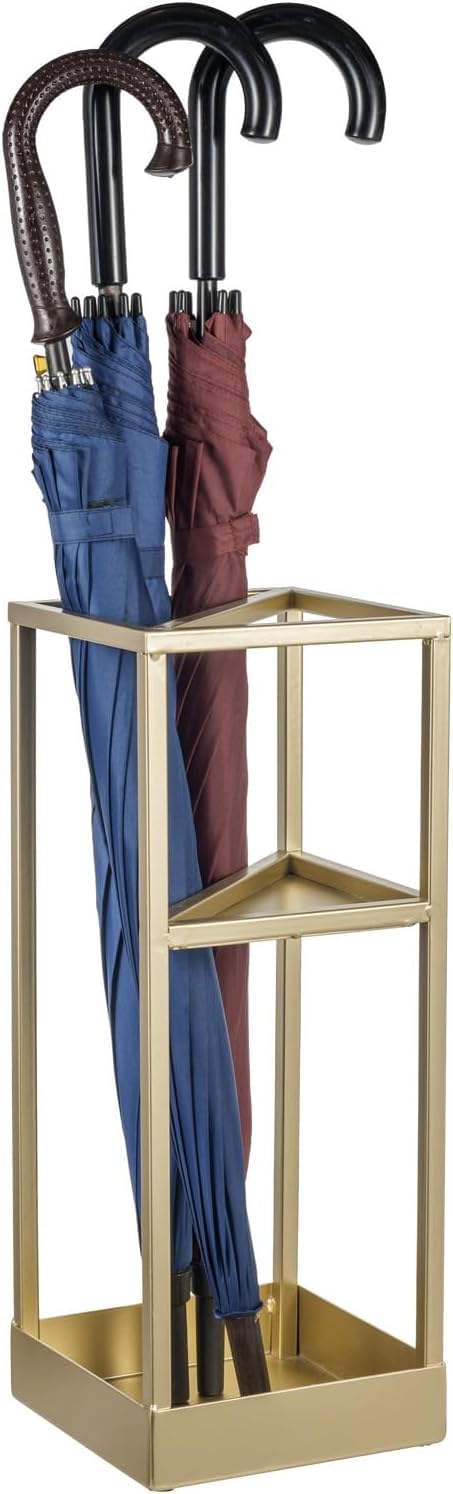 Modern Silver Tone Metal Geometric Freestanding Entryway Umbrella Rack or Cane Holder with Shelf for Small Umbrellas and Bottom Drip Tray-image-14