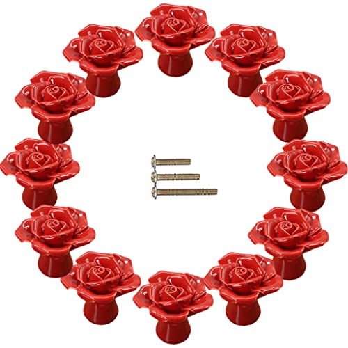 ESreake 12-Pack Red Rose Ceramic Knobs, Rose Flower Ceramic Vintage Pulls...