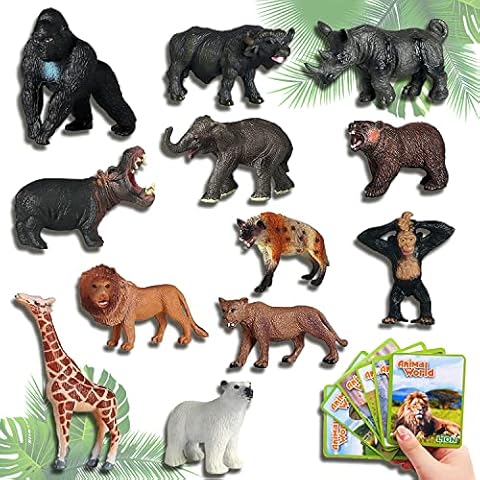 Wald Tierfiguren, Pädagogisch Realistische Tiere Figuren, Mini Tiere Figuren Set, Baby Waldtiere Figuren, Tiere Figuren mit Flash-Karten, Safari Tiere Spielfiguren, für Kinder Jungen udn Mädchen Cover