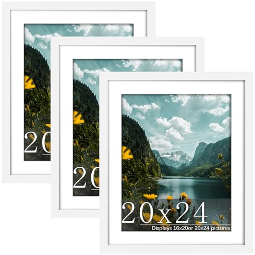 Picrit 20x24 Picture Frame 3 Pack, White Poster Frame, Display Poster 16 x 20 with Mat or 20 x 24 without Mat for Horizontal or Vertical Wall Mounting