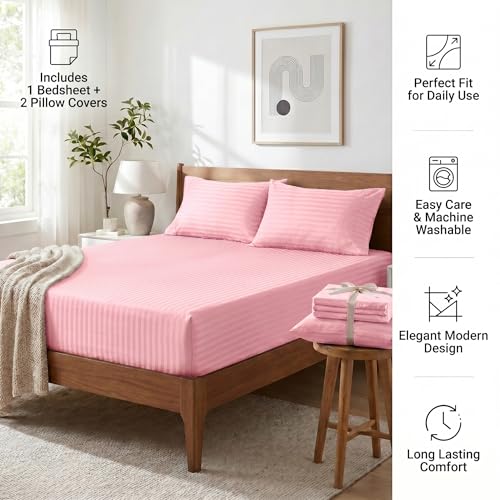Image of Mafatlal Italian Strip Cotton Bedsheet for King Size Bed with 2 Pillow Covers | 210 TC Pure Cotton Flat Sheet Light Pink | 108 x 108 Inches | Comfortable & Long Lasting