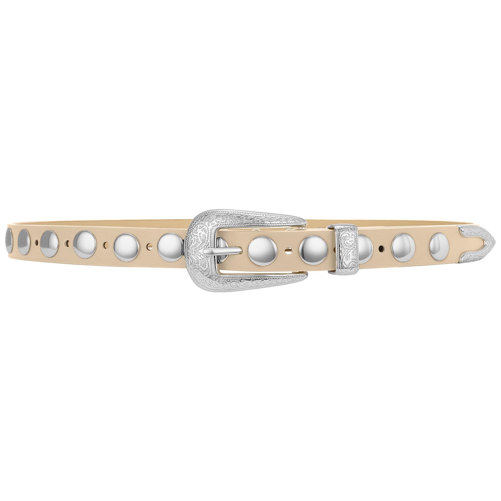 SANSTHS Women Western Studded Belt for Jeans Fashion Thin Leather Belt Vintage Skinny Ladies Belts for Dresses