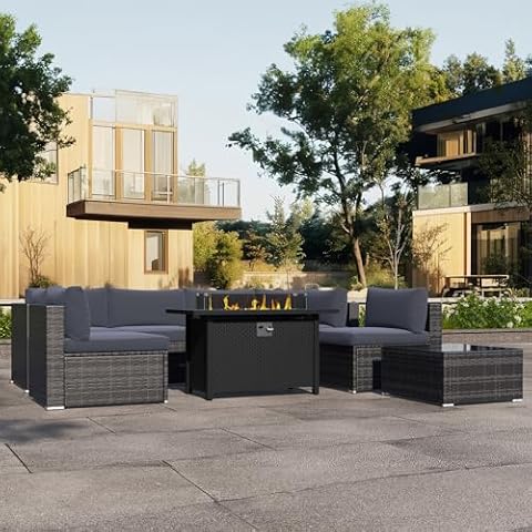 SUNVIVI OUTDOOR 8-Piece Modular Outdoor Patio Furniture Set, Wicker Outdoor Sectional Sofa with 45" Fire Pit Table, All-Weather Rattan with Cushions and Coffee Table for Porch Garden Backyard, Grey Cover