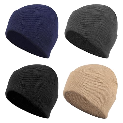 Fentar Gorro Invierno Hombre y Mujer 4PC, Transpirables Gorros de Punto 4 Colores, Gorro de Lana Invierno para Unisex (Negro Gris Azul Beige)