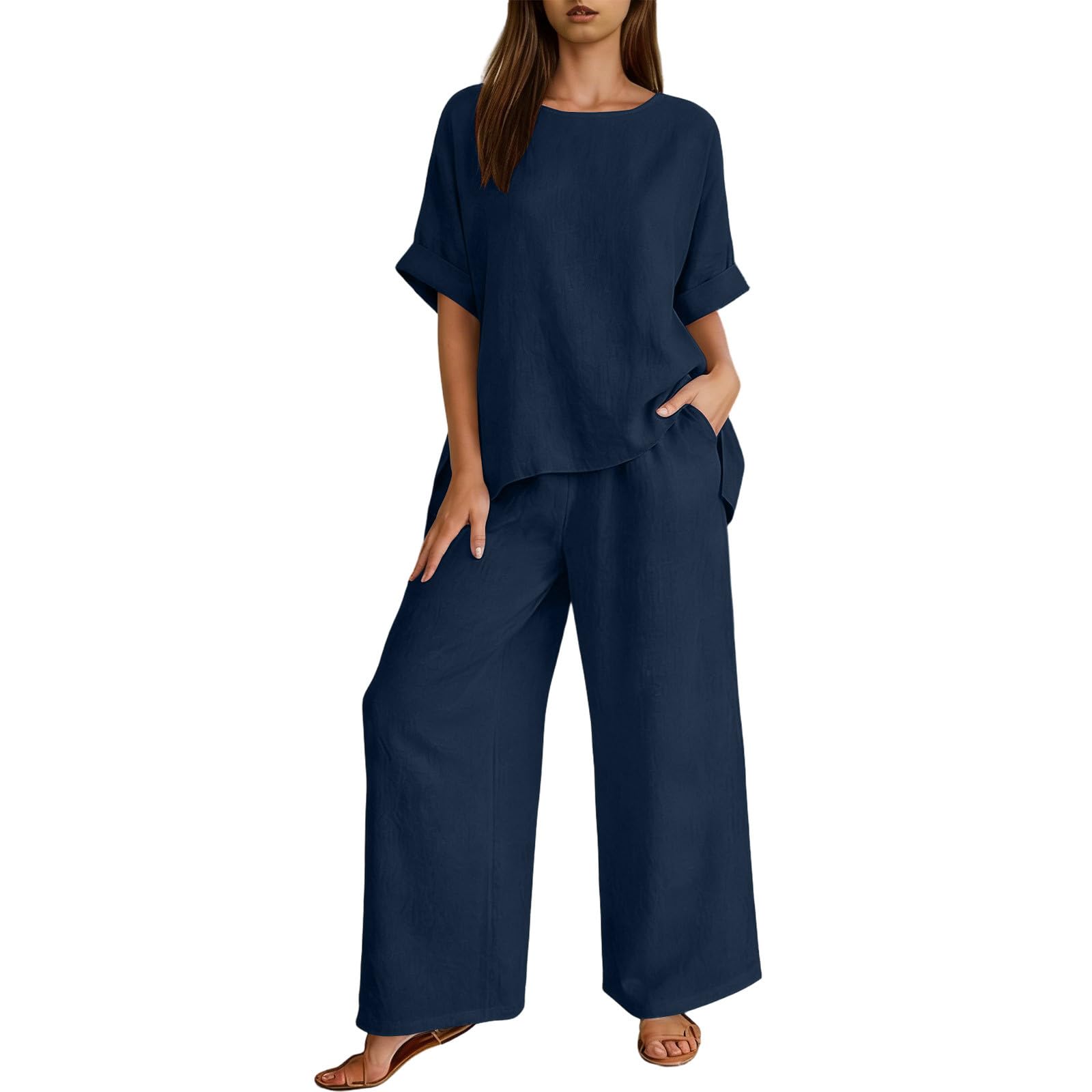 Ybing Leinenanzug Damen 2 Teiler Tracksuit Musselin Tshirt und Weite Bein Leinenhose Zweiteiliges Lose Baumwolle Leinen Sportanzug Leichte Loungewear Set Casual Sommer Outfit Freizeitanzug Homewear