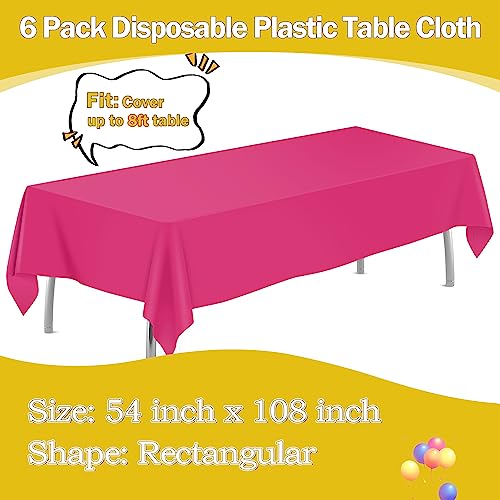 Image of tujol Hot Pink 6 Pack Plastic Table Cloth 54 inch x 108 inch, Disposable Tablecloths Rectangle Table Cover, Plastic Tablecloths for Parties