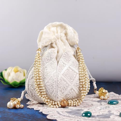 Image of THE TAN CLAN Pushp Zardozi Embroidered Mini Lotus Potli Bag - Handcrafted Silk Pouch with Intricate Zardozi & Lotus Design for Weddings, Bridal Accessories, and Special Occasions