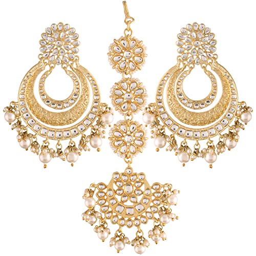 Aheli Kundan & Lariya Studded Maangtikka & Chandbali Earrings Set Ethnic Jewellery for Women